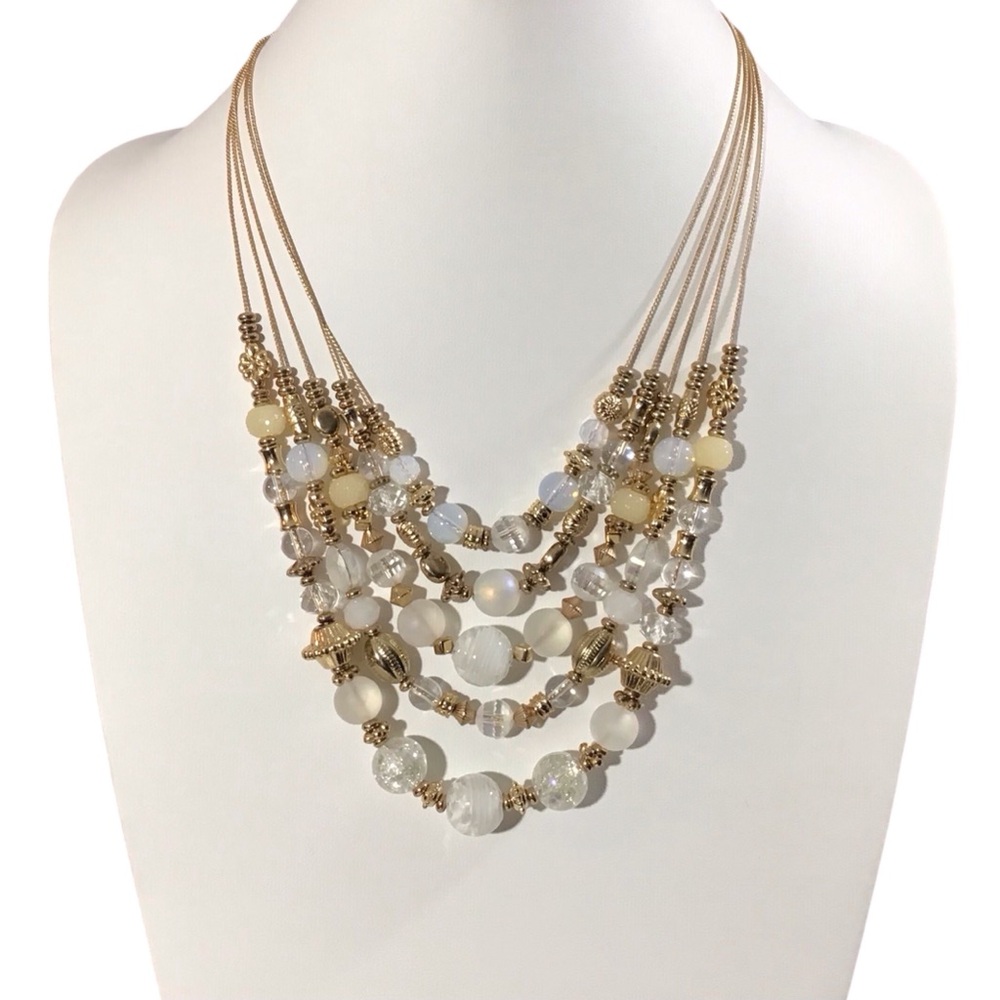 Layered Beaded Necklace Clear Cream Beads Gold Tone Fashion Costume Jewelry